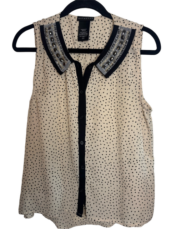 Metaphor Tops - Metaphor Cream Polka Dot Sleeveless Blouse with Embellished Collar